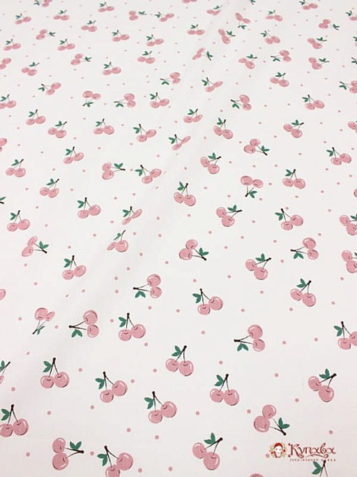 Плательный хлопок Вишенки с горошком на белом цв.пыльно-розовый, ш.1.45м, хлопок-100%, 115гр/м.кв - Купава фото 2