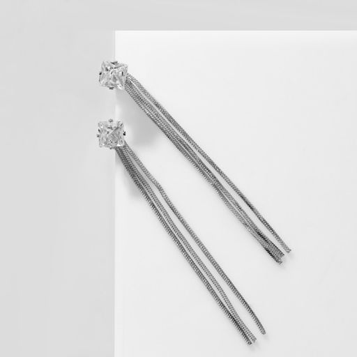 Серьги висячие со стразами Цепочки квадрат, цвет белый в серебре