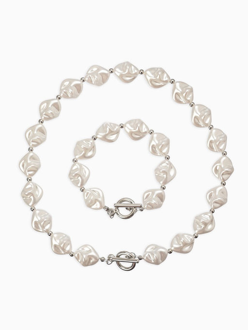 Набор 2 предмета: бусы, браслет «Жемчуг барочный. Ромб», 40/18 см, белый в серебре