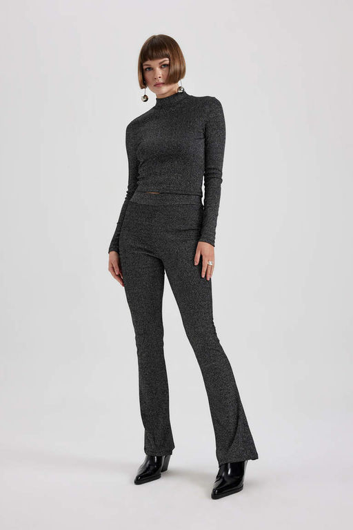 Облегающая футболка с длинным рукавом из ткани с люрексом и полуводолазкой - Defacto фото 2