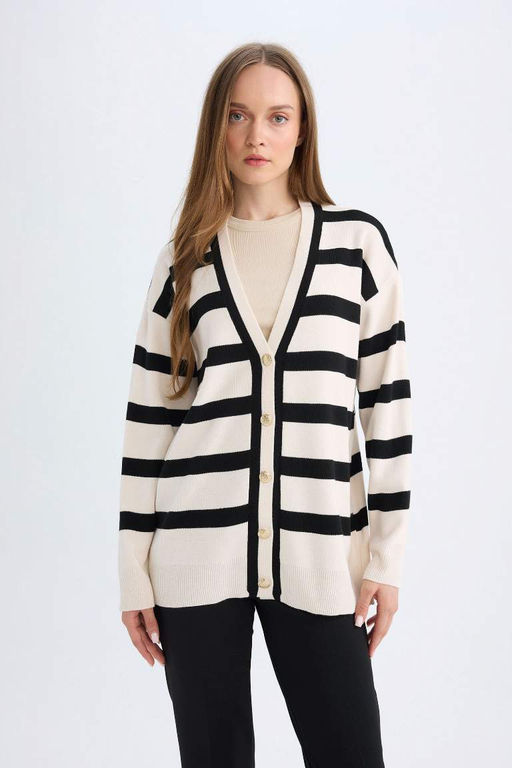 Кардиган стандартного кроя с V-образным вырезом - Defacto фото 3