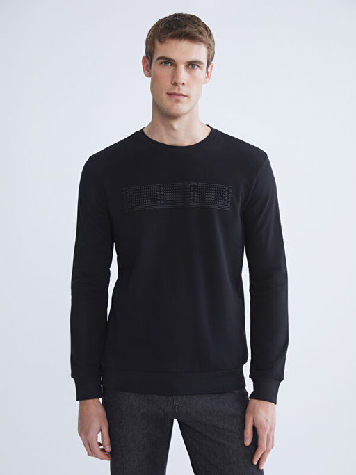 Bisiklet Yaka Uzun Kollu Bask?l? Erkek Sweatshirt