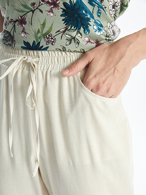 Beli Lastikli D?z Keten Kar???ml? Kad?n Pantolon