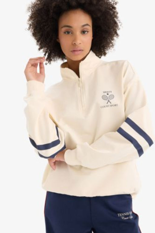 DeFactoFit Oversize Genis Kal?p Yar?m Fermuarl? Bask?l? Sporcu Sweatshirt