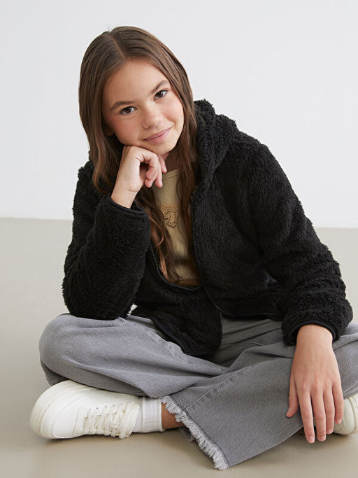 Kap??onlu Pel?? K?z ?ocuk Fermuarl? Sweatshirt