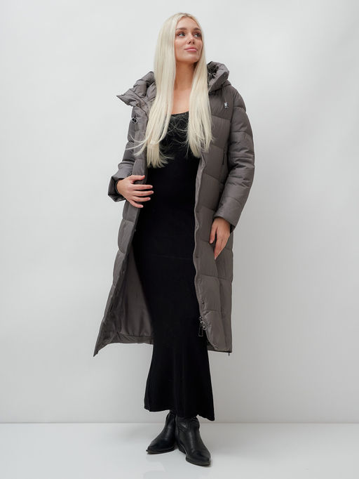 Пальто утепленное стеганное зимнее с капюшоном женское темно-серого цвета 9606TC