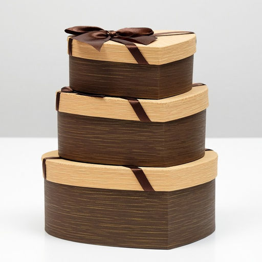 Набор подарочных коробок 3 в 1 Сердце, с бантом, коричневый, 22?20?9 - 16?14?6 см