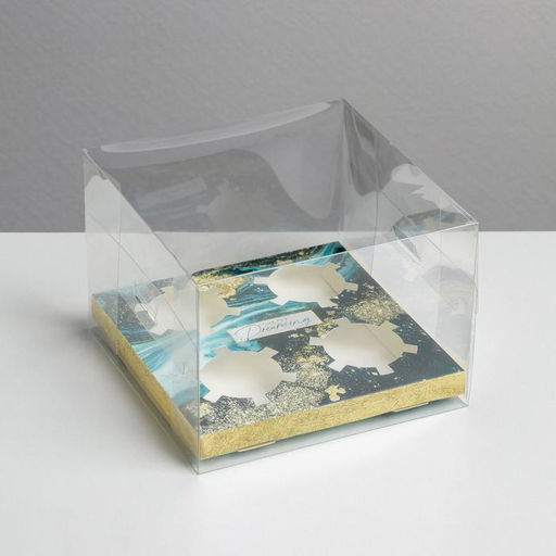 Цена за 5 шт. Коробка для капкейка, кондитерская упаковка, 4 ячейки, «Голубой мрамор», 16×16×11.5 см