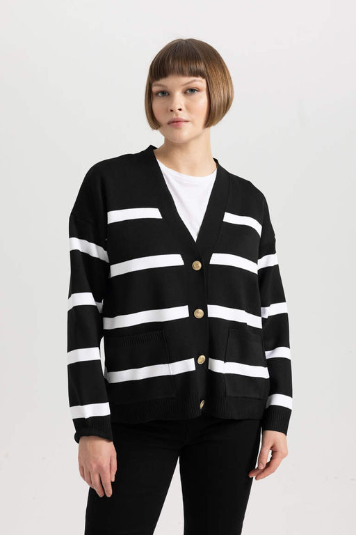 Полосатый кардиган с V-образным вырезом Relax Fit - Defacto фото 3