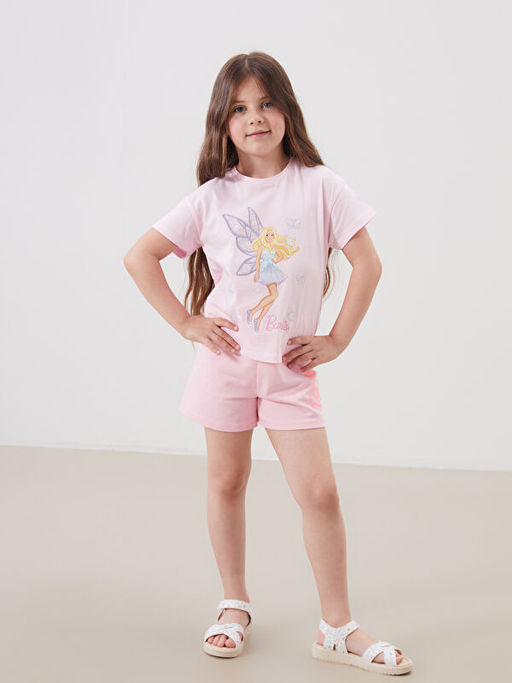 Bisiklet Yaka Barbie Bask?l? K?z ?ocuk Ti??rt