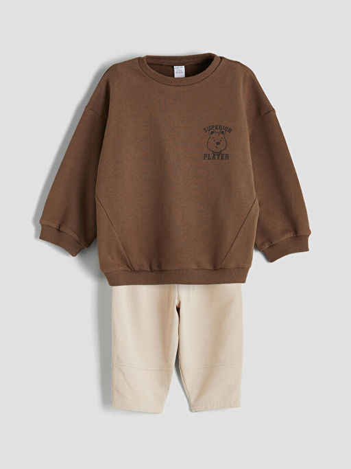 Bask?l? Erkek Bebek Sweatshirt ve Pantolon 2li