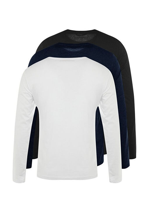 Siyah-Beyaz-Lacivert Regular/Normal Kesim Uzun Kollu 3l_ Basic Paket T-Shirt TMNAW21TS0197 - Trendyolmilla фото 2