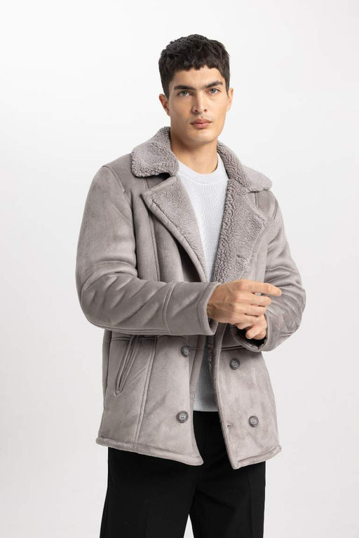 Замшевое пальто с плюшевой подкладкой и воротником-жакетом Slim Fit - Defacto фото 4