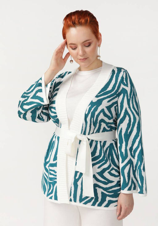 Кардиган с анималистическим рисунком и поясом бирюзовый