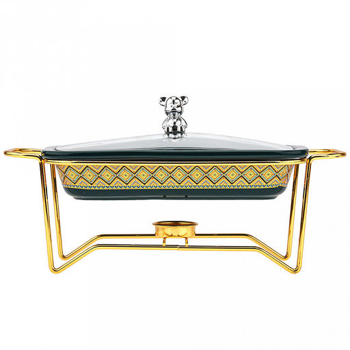 "Мармит Изумруд" Форма для запекания 750мл, прямоугольная, 25,5х15,5см h4,8см, керамика с деколью, цвет - изумрудный, стеклянная крышка с пароотводом, пластмассовая ручка-кнопка "мишка", металическая подставка с ручками, с подогревом на 1 свечу 32,8х