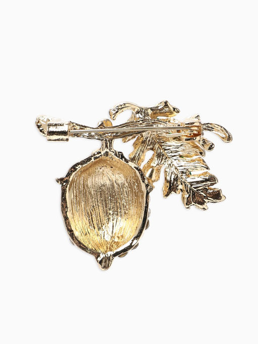 Брошь «Жёлудь» осенний с листом, стразы, цвет коичнево-бело-зелёный в золоте