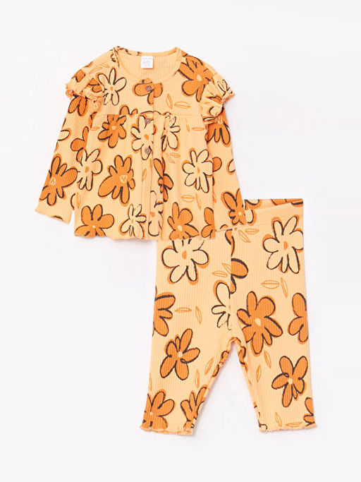 Bisiklet Yaka Uzun Kollu Bask?l? K?z Bebek 2li Tak?m