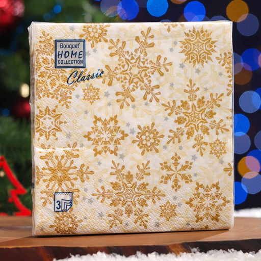 Цена за 2 шт. Салфетки новогодние бумажные Home Classic Золотые снежинки на бежевом, 3 слоя, 33?33 см, 20 шт.