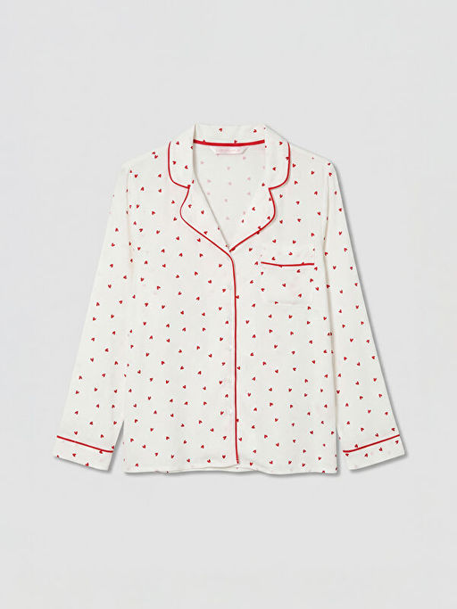 G?mlek Yaka Kalp Desenli Kad?n Pijama Tak?m