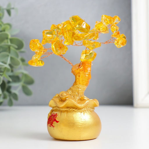 Бонсай декоративный «Денежное дерево с янтарём в золотом мешке», 36 камней, 11.5×4.5×4.5 см, МИКС