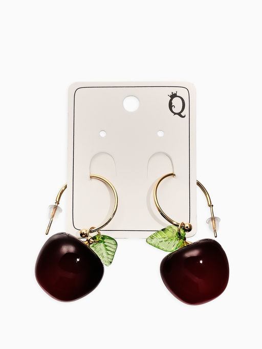 Серьги-кольца «Черешня с листочком», бордовые в золоте