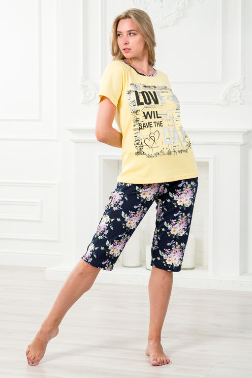 Пижама женская домашний из футболки и бридж Букетик желтый темно-синий с принтом LOVE - Амадэль фото 3