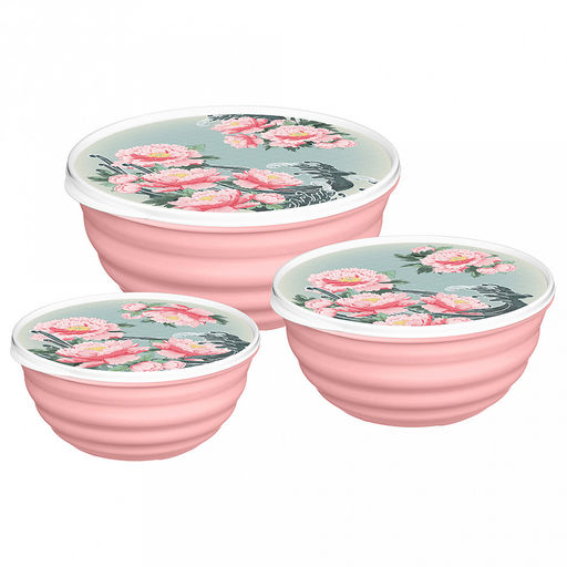 Миска пластмассовая "Latina" 2,1л, д20,7см, h9,6см, розовый, с крышкой, с декором "Сад пионов" (Россия)