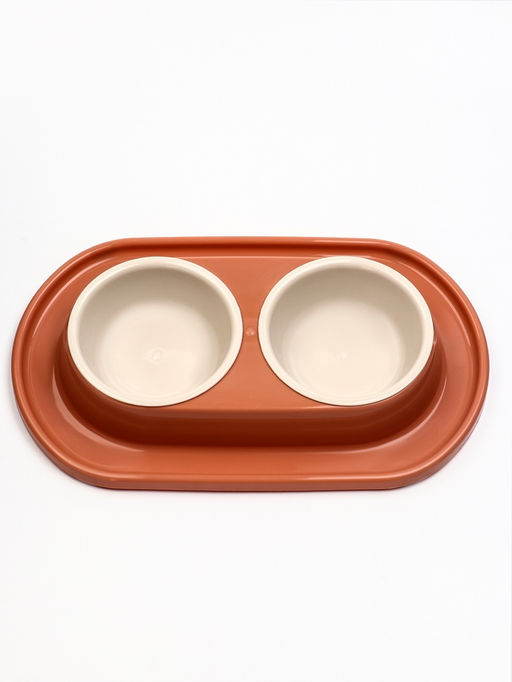 Миска двойная для животных «Мур-мяу», 300 мл, на подставке, пластик, цвет кирпичный