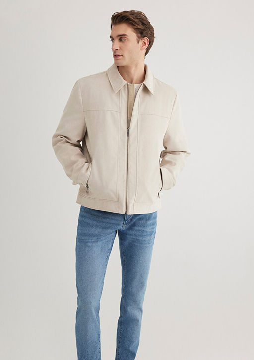 Ekru Suni Deri Ceket