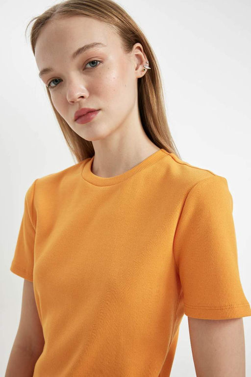 Мини-платье Bodycon с круглым вырезом в рубчик и короткими рукавами - Defacto фото 5