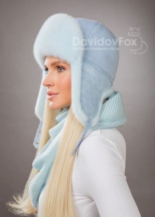 Комплект ушанка трикотаж норка голубая косынка