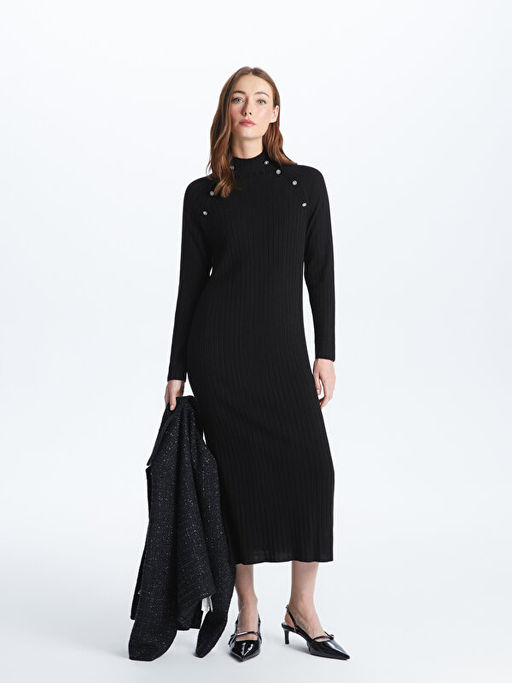 Dik Yaka Ta? ??lemeli Uzun Kollu Kad?n Triko Elbise