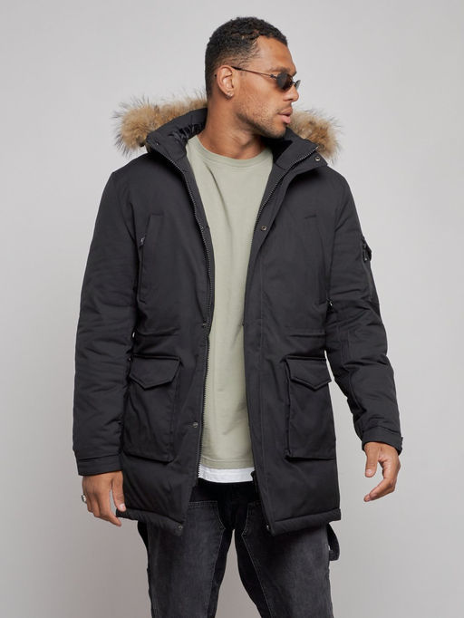 Парка мужская зимняя удлиненная с мехом черного цвета 8318Ch - Wonderrman фото 8