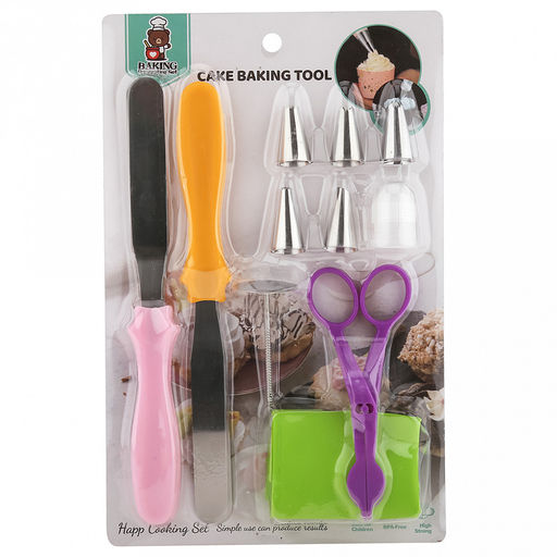 Кондитерский набор 11 предметов Мастер: мешок для крема п/эт 26см, насадка из нержавеющей стали - 5 штук, д1,8см, h3,2см; фиксатор винтовой для насадок пластик; ножницы пластик, гвоздик держатель 6,5см нержавеющая сталь; шпатель спатула прямой 22,7