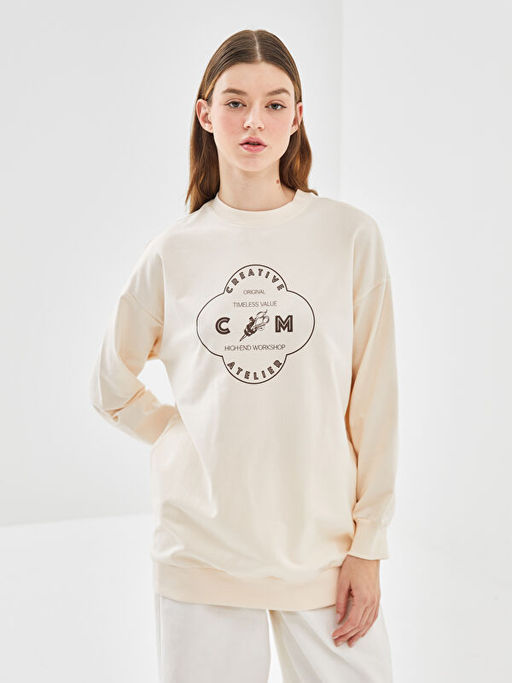 Bisiklet Yaka Bask?l? Kad?n Sweatshirt Tunik