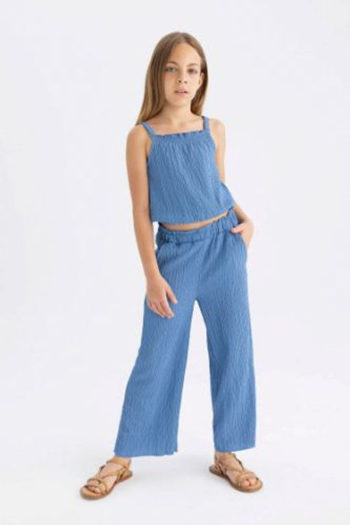 K?z Cocuk Wide Leg Genis Bol Paca Beli Lastikli Burumcuk Pantolon