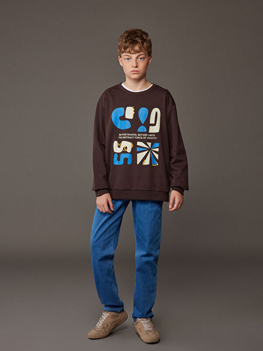 Bisiklet Yaka Bask?l? Erkek ?ocuk Sweatshirt