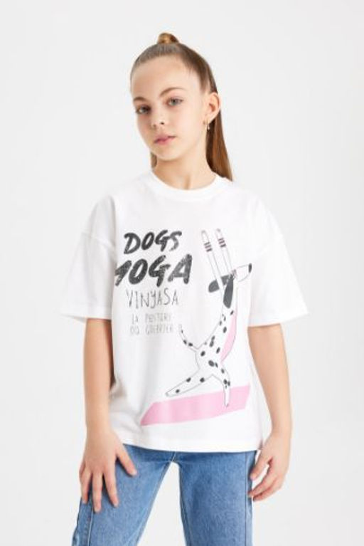 K?z Cocuk Oversize Genis Kal?p Bisiklet Yaka Bask?l? K?sa Kollu Tisort