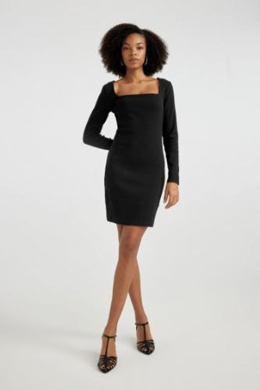 Bodycon Vucudu Saran Kare Yaka Fitilli Kaskorse Uzun Kollu Mini Siyah Elbise