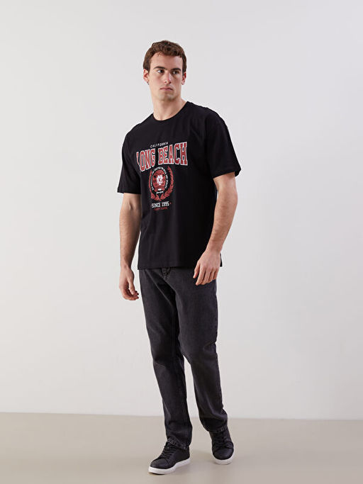 Bisiklet Yaka Bask?l? Penye Erkek Ti??rt