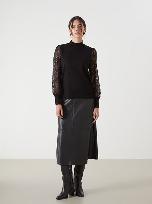 Yar?m Bal?k?? Yaka Dantel Detayl? Kad?n Triko Kazak