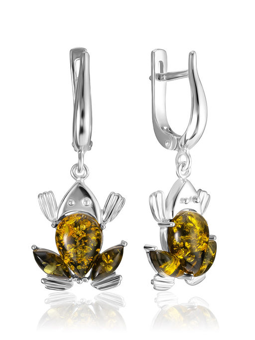 Очаровательные подвесные серьги Лягушка с янтарём зелёного цвета