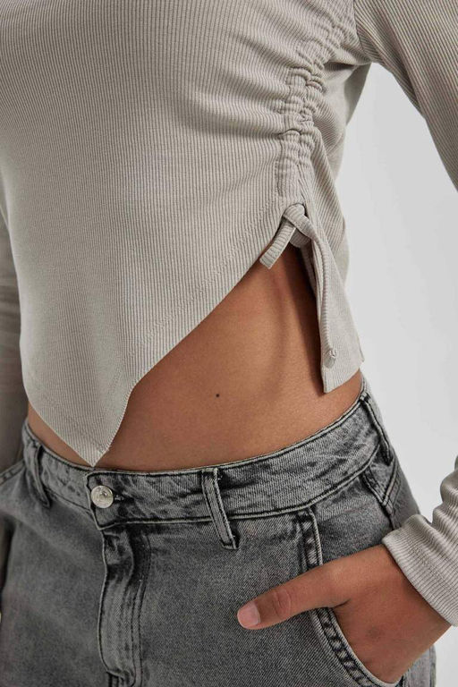 Асимметричная футболка с длинным рукавом и круглым вырезом в рубчик - Defacto фото 8