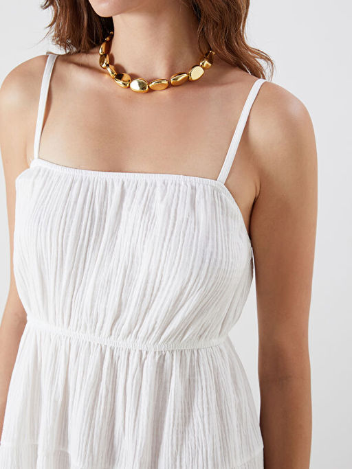 Kare Yaka Dokulu Katkat Mini Elbise