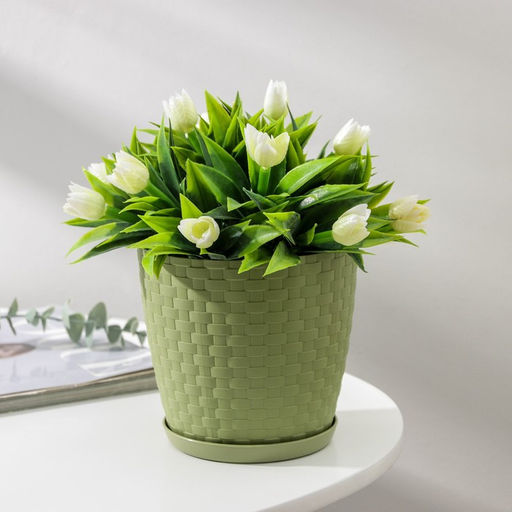 Цена за 3 шт. Горшок для цветов с поддоном «Ротанг», 1.2 л, d=13 см, h=12 см, пластиковый, оливковый