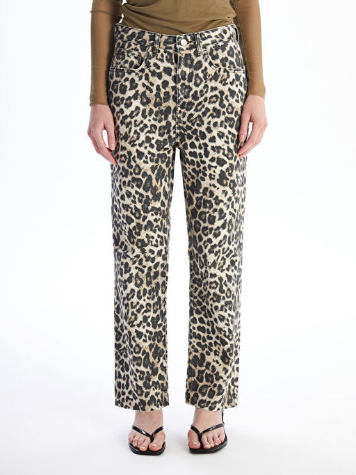Leopar Desenli Straight Fit Kad?n Jean Pantolon