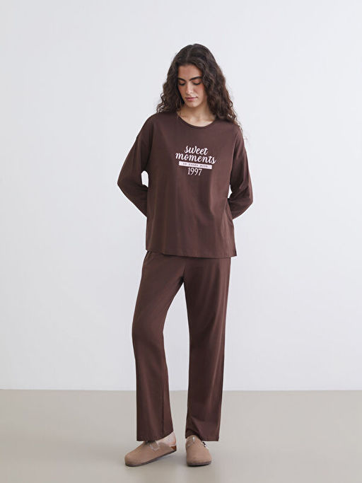 Bisiklet Yaka Bask?l? Kad?n Pijama Tak?m?