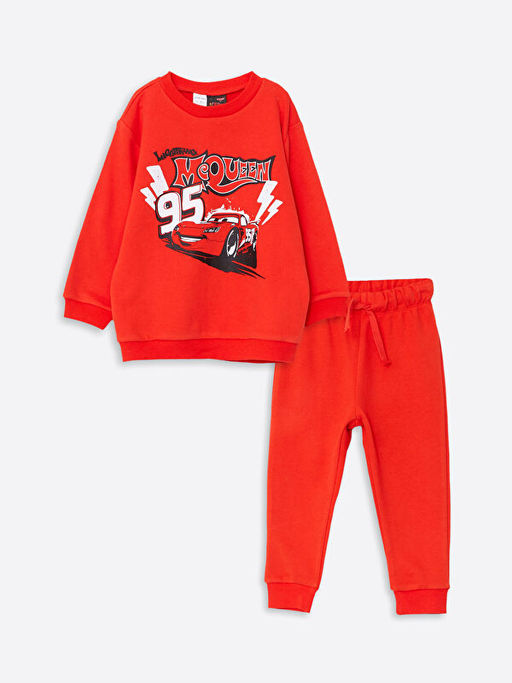 Bisiklet Yaka Uzun Kollu Arabalar Bask?l? Erkek Bebek Sweatshirt ve Pantolon 2li Tak?m