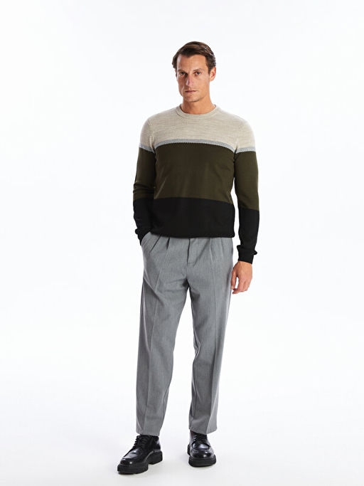 Bisiklet Yaka Uzun Kollu Renk Bloklu Erkek Triko Kazak