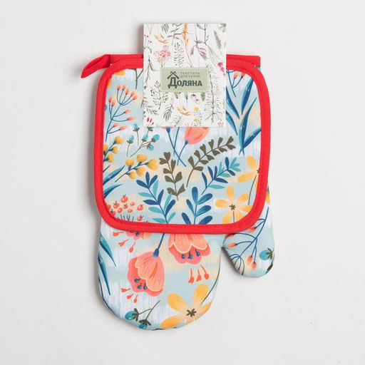 Кухонный набор Доляна Тюльпаны, прихватка 17*17 см, рукавица 26*16 см,100% п/э  фото 2